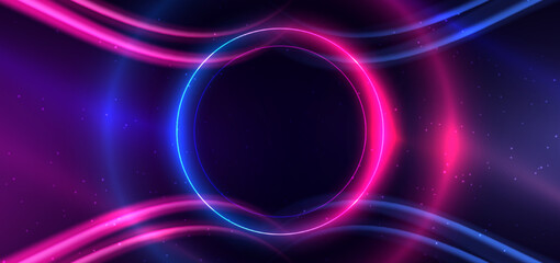 Abstract technology futuristic neon circle glowing blue and pink  light lines with speed motion blur effect on dark blue background.
