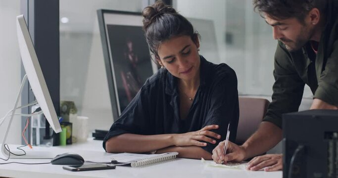 Collaboration, training and explain with a business team talking, planning or working together in an office. Meeting, human resources and teamwork with a man and woman at work on strategy development