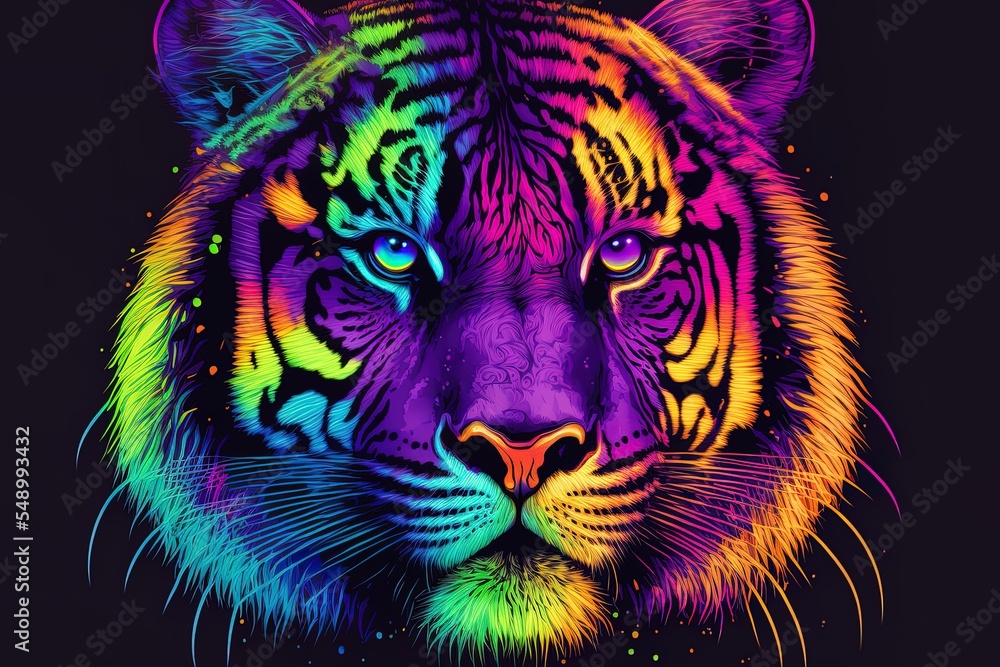 Poster tiger. an abstract, multicolored, neon picture of an anticipating tiger in the manner of pop art, se