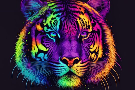 Tiger. An abstract, multicolored, neon picture of an anticipating tiger in the manner of pop art, set on a purple backdrop. Computing-based image rendering. 