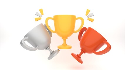 3D cartoon rendering of Champion trophy. Winner Gold, silver and bronze cups. Sport award and success concept. Cartoon game prize icon.