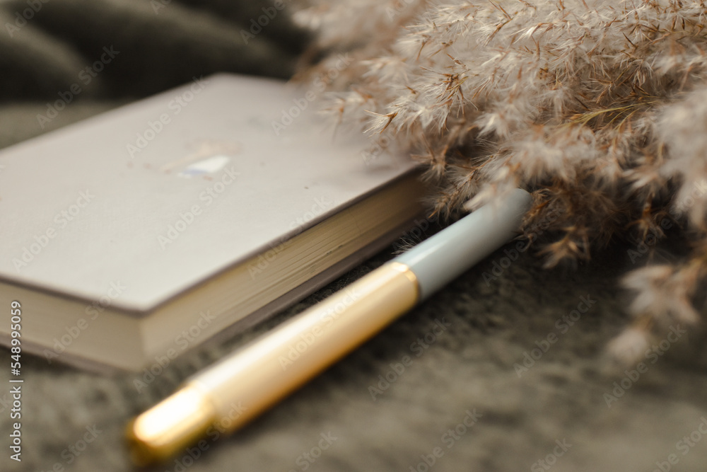 Poster selective focus shot of a notebook and a pen with feathers on the side