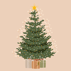 Christmas tree with presents decorated holiday garland and star topper. Xmas fir sparkling with lights. Vector illustration 