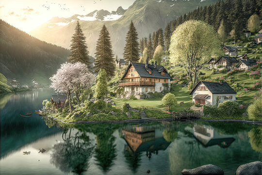 Ländliches Dorf Haus in den Alpen im Frühling Schweiz Österreich Bayern Ruhe und Beschaulichkeit AI Art Digital Illustration