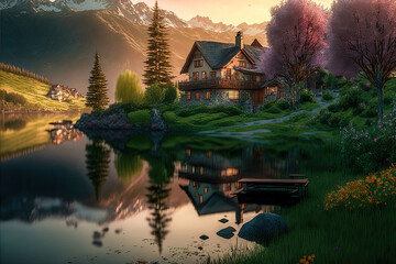 Ländliches Dorf Haus in den Alpen im Frühling Schweiz Österreich Bayern Ruhe und Beschaulichkeit AI Art Digital Illustration