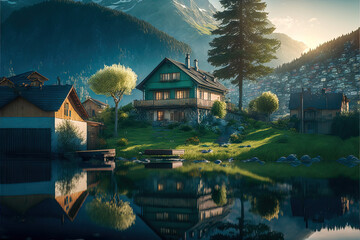 Ländliches Dorf Haus in den Alpen im Frühling Schweiz Österreich Bayern Ruhe und Beschaulichkeit AI Art Digital Illustration