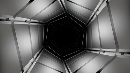 Abstract hexagon shaped monochrome moving tunnel. Design. White geometric silhouettes creating an optical illusion.