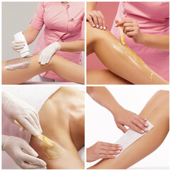 Beautician is removing hair from young and beautiful female armpits with hot wax. Woman has a beauty treament procedure. Depilation, epilation, skin and health care concepts. Set collage.