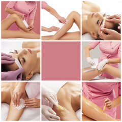 Obraz na płótnie Canvas Beautician is removing hair from young and beautiful female armpits with hot wax. Woman has a beauty treament procedure. Depilation, epilation, skin and health care concepts. Set collage.