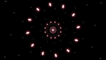 Black background. Design. Red and green lanterns in abstraction that fly away in bright circles and patterns and small white stars are visible from behind.