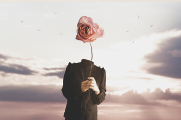 surreal woman holds a colored rose by a lace instead of the face, concept of beauty, feelings, delicacy, soul, life, identity, fantasy - obrazy, fototapety, plakaty