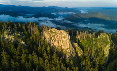 Peak of mountain range with forest in valley Rhodope mountains under sunset