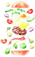 Layered burger recipe watercolor illustration with vegetables slices