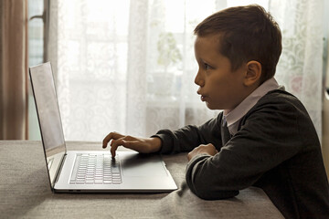 A 10-year-old boy learns mental math with a laptop and abacus