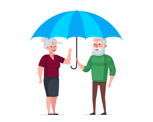 Senior couple under blue protection umbrella. Elderly life and health care insurance symbol concept. Grandparents safety healthcare. Caring grandfather with grandmother. Old people vector illustration