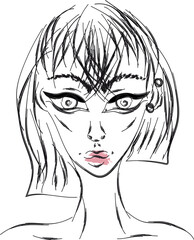 Emo girl with asymmetrical bob hairstyle, bold arrows makeup