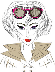 Model with lush hairstyle, eye arrows, bold makeup, beige trench coat, sunglasses with pink frame. Retro style, 60s