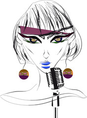 Modern woman jazz singer in round earrings, eye arrows, bold makeup, blue lipstick, trendy pink bang