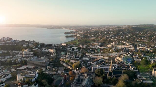 Aerial view over Torquay in Devon at sunrise