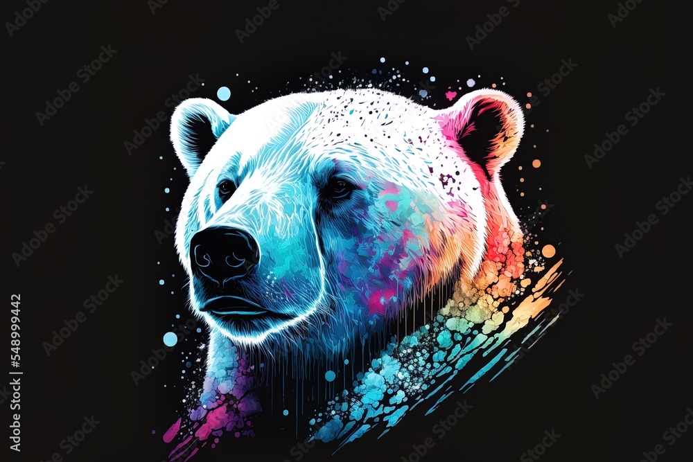 Poster polar bear in neon colors and an abstract design set against a black backdrop and executed in the po
