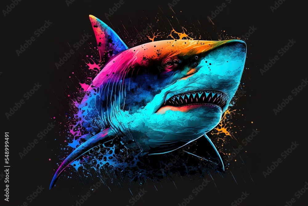 Poster shark in neon colors and an abstract design set against a black backdrop and executed in the pop art