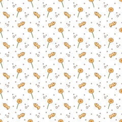 Pattern with lollipop and cookies. Cute seamless pattern with orange lollipop and fish cookies. Cartoon doodle vector illustration.