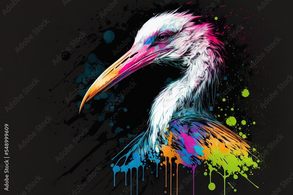 Poster white stork in neon colors and an abstract design set against a black backdrop and executed in the p