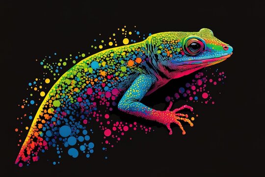 phelsuma is a pop art subject, painted in fluorescent colors over a black background with splatters of watercolor. 