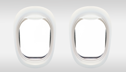 Photo of the windows of an airplane from inside (flight concept),frames isolated on transparent background