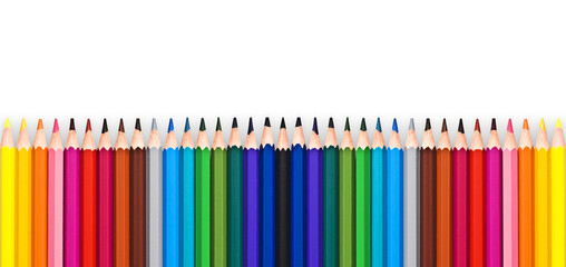 Row of colorful wooden pencils isolated on transparent background. Back to school and arts concept