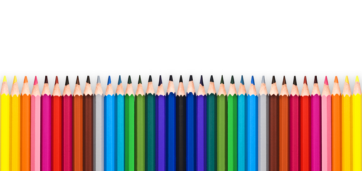 Photo of a row of colorful wooden pencils aligned isolated on transparent background. Back to school and arts concept, png file