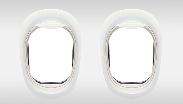 Photo of the windows of an airplane from inside (flight concept),frames isolated on transparent background