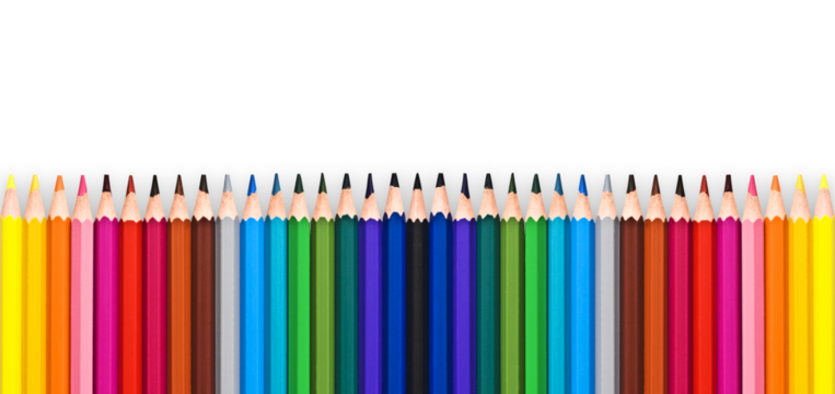 Photo of a row of colorful wooden pencils aligned isolated on transparent background. Back to school and arts concept, png file