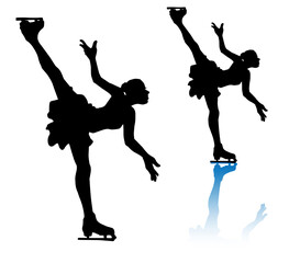 A set of silhouettes of women's singles figure skater (spiral, black type)