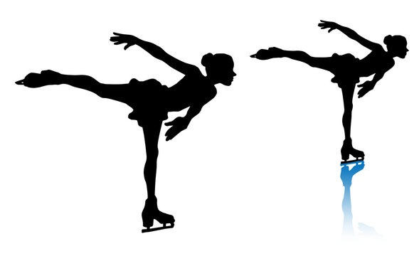 A set of silhouettes of women's singles figure skater (camel spin, black type)
