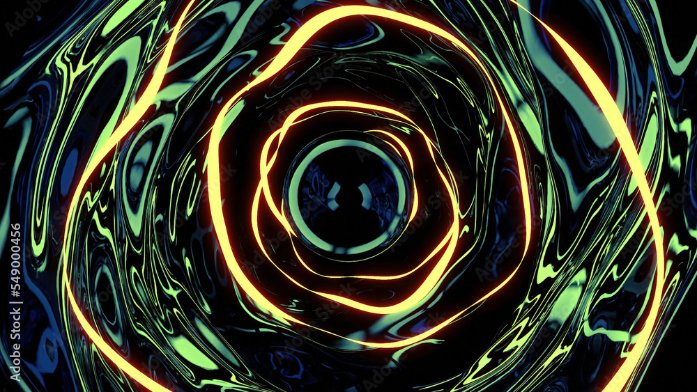 Poster tunnel with liquid walls and reflection. design. liquid mirror 3d tunnel with neon lines. luminous r