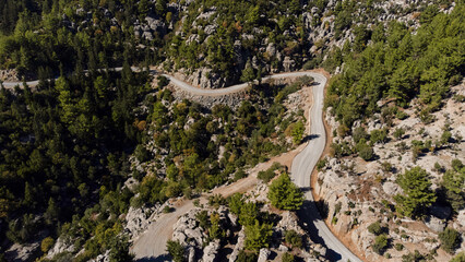 Aerial view of winding road in mountains of Turkey