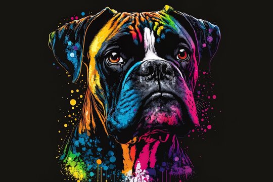boxer dog is painted in bright neon colors on a black backdrop in a pop art style with watercolor splatters. 