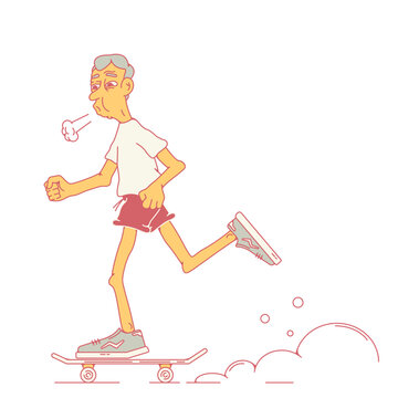 Elderly man riding a skateboard,old man riding a skateboard.He drives tired.Sports man.Side view. Stock vector illustration of an elderly man,pensioner leading an active lifestyle.Isolated background.