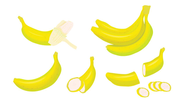 Watercolor bananas. Peel banana, isolated on white background, banana vector illustration set