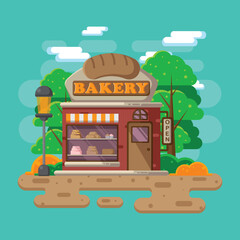 Illustration of a bakery with flat design