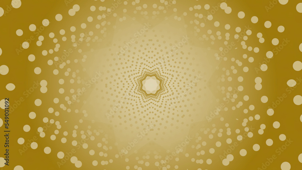 Poster yellow background. motion.white circles composing a bright room moving forward in 3d format.