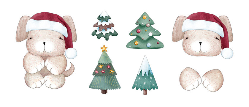 Christmas constructor or designer, consisting of a cute cartoon baby dog or puppy in a red hat in full growth, head, paws and 4 decorative Christmas trees. Digital illustration in watercolor style