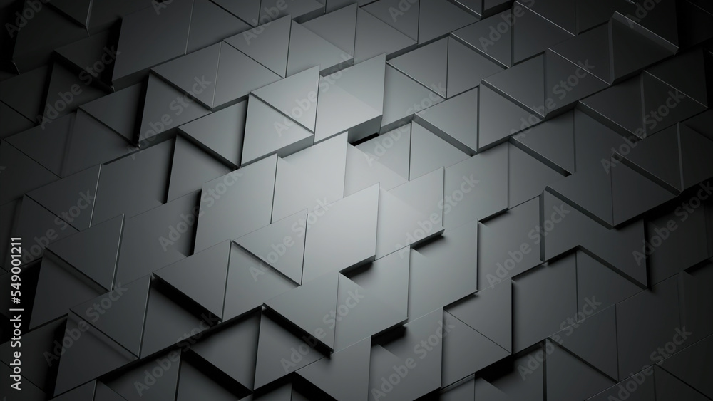 Poster geometric background of moving triangles. design. 3d plane of metal geometric triangles in motion. t
