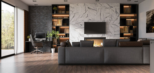 3d visualization of modern interior. Luxury home design. Modern furniture in the interior