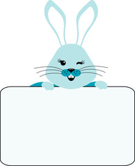 Cheerful rabbit with a blank sign where you can place your text.
Congratulatory vector element for the year of the year of the rabbit, children's themed holiday.