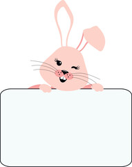 Obraz premium Cheerful rabbit with a blank sign where you can place your text. Congratulatory vector element for the year of the year of the rabbit, children's themed holiday.