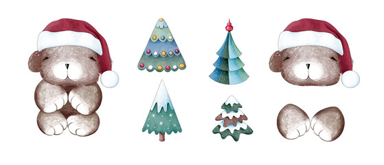 Christmas constructor or designer, consisting of a cute cartoon baby bear or teddy bear in a red hat in full growth, head, paws and decorative Christmas trees. Digital illustration in watercolor style