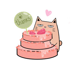 orange cat with party cake and happy heart thinking