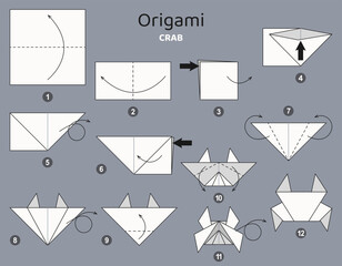 Origami tutorial. Origami scheme for kids. Crab.